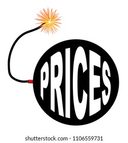 An old fashioned round black bomb with a lit fuse and the text prices