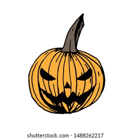 Old fashioned round Halloween pumpkin lantern with with a sinister grin, hand drawn ink vector illustration on white background.