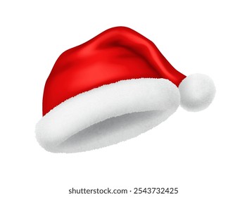 Old fashioned Santa hat with fallen pompom realistic vector illustration. Christmas festive season clothing style 3d model on white background