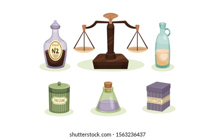 Old fashioned scales and bottles. Vector illustration.