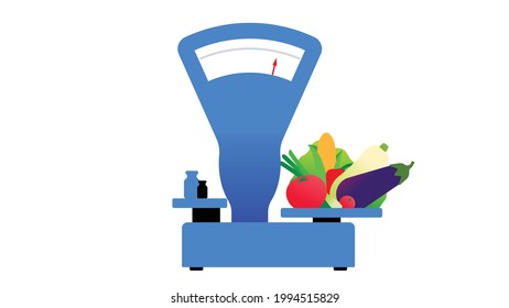 La báscula antigua con verduras frescas. Equipamiento para el mercado agrícola, comestibles, comercio callejero. Las viejas escalas para pesar materias primas del pasado comunista. Ilustración vectorial moderna.