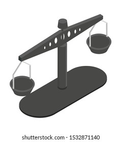 Old fashioned scales isometric vector illustration. Laboratory equipment, weight measuring comparing tool. Balanced device with empty bowls. Scientific experiment, judicial system, justice symbol