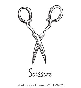 Old fashioned scissors, hand drawn doodle sketch with inscription, isolated vector illustration