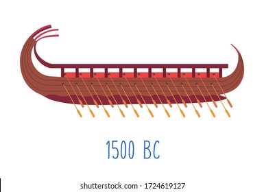 Old fashioned ship made of wooden material, isolated ship with year date of building. Wood boat with oars, evolution of vessels construction. Vintage design of transport, vector in flat style