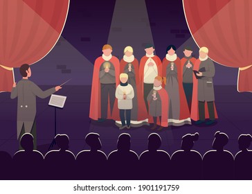 Old fashioned singing perfomance flat color vector illustration. Lovely melody during visiting opera show. Special choir 2D cartoon characters with huge audience in theatre on background