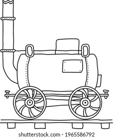 Old fashioned Steam Engine locomotive in a hand drawn doodle sketch style. Unfilled outline.