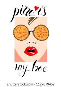old fashioned style isolated art with beautiful woman's face wearing pizza glasses, for summer t-shirts, sweatshirts, hoodies, wall art, boy and girl clothes, stickers, bomber jackets, denim, menu etc