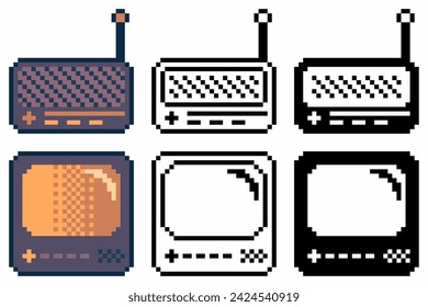 Old fashioned Style Television and Radio, Pixel Art Icon Set with black outline and fill variant
