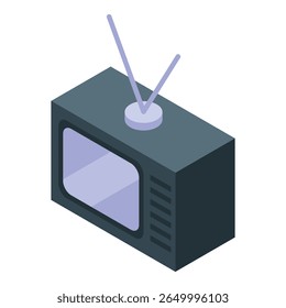 Old fashioned television set with an antenna is displaying a blank screen