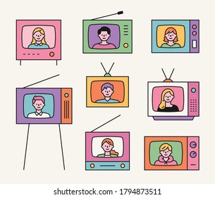 Old fashioned televisions and people faces on the screen. flat design style minimal vector illustration.