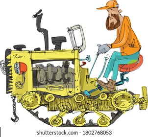 An old fashioned tractor crawler. A hand drawn sketch. Obsolete agricultural machinery. Caricature.