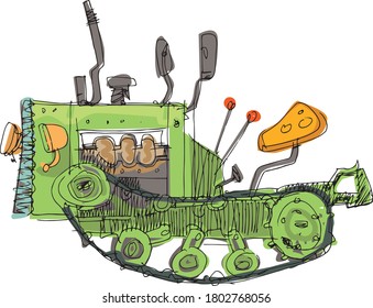 An old fashioned tractor crawler. A hand drawn sketch. Obsolete agricultural machinery. Caricature.