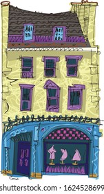 Old fashioned urban city house with dress shop at ground floor. Vintage facade of cute mansion. Cartoon. Caricature.