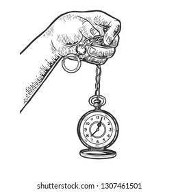 Old fashioned vintage clock watch engraving vector illustration. Scratch board style imitation. Black and white hand drawn image.