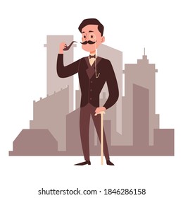 Old fashioned vintage gentleman cartoon character smoking pipe standing at backdrop of city buildings, flat vector illustration isolated on white background.