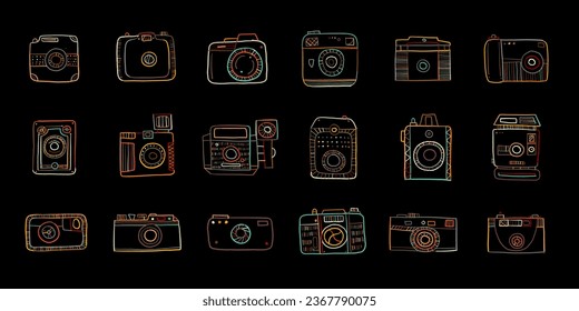 Old fashioned vintage photocamera. Retro and new collection for your design. Icons set. Outline style. Vector illustration