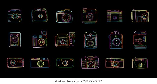 Old fashioned vintage photocamera. Retro and new collection for your design. Icons set. Outline style. Vector illustration