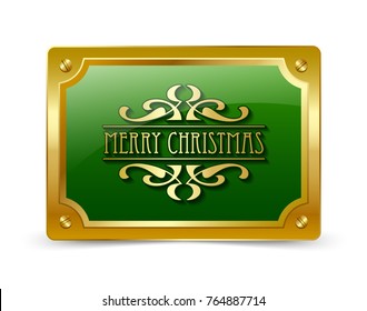 Old fashioned vintage retro Merry Christmas lettering on glossy golden metallic plate.