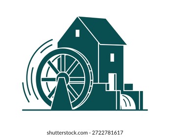 Antiguo molino de agua edificio de generación de energía con Grande rueda de agua giratoria y el agua que fluye bajo la casa plana silueta icono de Vector
