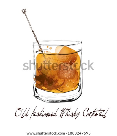 Old fashioned whisky cocktail in watercolor style - vector illustration