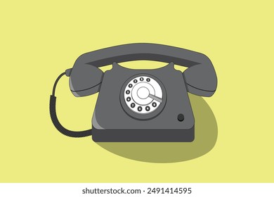 Alte Mode verkabeltes schwarzes Telefon im gelben Hintergrund