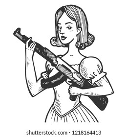 Old fashioned woman with automatic machine gun engraving vector illustration. Scratch board style imitation. Black and white hand drawn image.