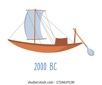 Old fashioned wood boat with sails and oars, wooden construction for transportation across sea or ocean. Evolution of naval building and voyages. Isolated vintage marine boat, vector in flat style