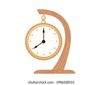 Old fashioned wooden table clock mechanical watch with gold bezel luxury decoration vector illustration on white background