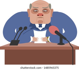 An old and fat government official in a strict suit speaks at a press conference with papers and microphones on the table