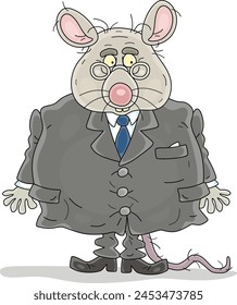 Rata vieja y gorda oficial en un traje de negocios gris con una corbata cansada y vasos de trabajo duro de oficina, ilustración de dibujos animados de Vector en blanco