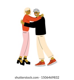 Old Father with Adult Daughter, Elderly Man Hugging Young Woman, Happy Family Concept Vector Illustration