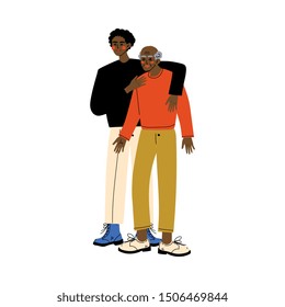 Old Father with Adult Son, Young Man Hugging His Dad, Happy African American Family Concept Vector Illustration