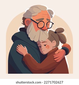 Old father hugging his daughter. Concept for Happy father's day poster or card template design. Flat vector illustration