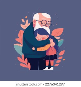 Old father hugging his daughter. Concept for Happy father's day poster or card template design. Flat vector illustration