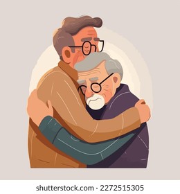 Old father hugging his son. Concept for Happy father's day poster or card template design. Flat vector illustration