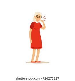 Old Female Character Coughing Colourful vector Toon Cute Illustration