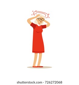 Old Female Character Feeling Vertigo Migraine Headache Colourful vector Toon Cute Illustration