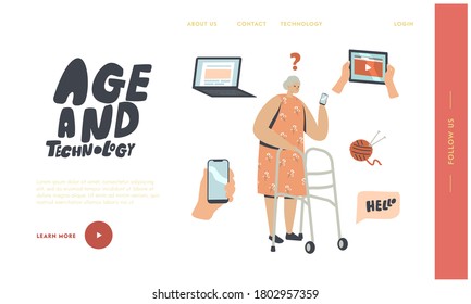 Old Female Character Learn Computer and Mobile Devices Landing Page Template. Confused Senior Woman Holding Smartphone Trying to Figure Out with New Technologies. Linear PeopleVector Illustration
