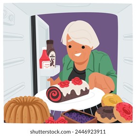 Old Female Character Taking Sweets from Refrigerator. Senior Woman Leans Into Her Fridge, Peering Behind Pastries, Searching For A Specific Food Item Among The Chilled Maze. Vector Illustration