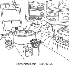 old female chef making ramen noodles in in Japanese restaurant vector illustration sketch doodle hand drawn with black lines isolated on white background.