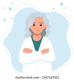 Old female doctor cute character. Vector illustration in flat style