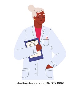 Old female doctor in a medical gown with folder. Vector illustration in flat cartoon style.