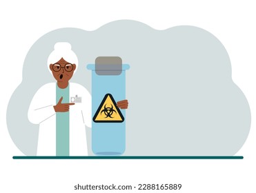 A old female doctor or scientist is holding a test tube with a biohazard or virus warning label on it. Biological hazard. Vector flat illustration