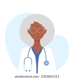 Old female doctor therapist or pharmacist with short hair. Doctor with stethoscope. Concept - doctor, healthcare. Vector illustration in flat style. Isolated on white background.