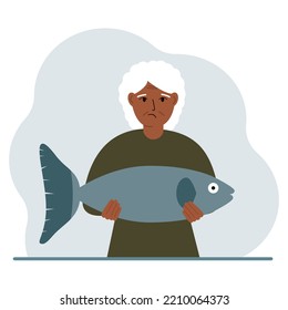 A old female fisherman holds a large fish, proud of good fishing or hunting. Hobby, fishing concept. Vector flat illustration