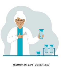 Old female scientist with flasks. Experimental scientist, laboratory assistant, biochemistry, chemical, scientific research. Vector flat illustration