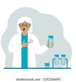Old female scientist with flasks. Experimental scientist, laboratory assistant, biochemistry, chemical, scientific research. Vector flat illustration