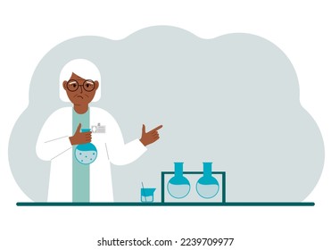Old female scientist with flasks. Experimental scientist, laboratory assistant, biochemistry, chemical, scientific research. Vector flat illustration for banner, advertisement or web.