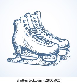 Old female shaped rink run iceskate lacing footgear isolated on light frost snow background. Freehand outline ink hand drawn picture object sketchy in art doodle retro style pen on paper. Closeup view