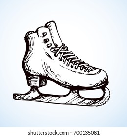 Old female shaped rink run iceskate lacing footgear isolated on light frost snow background. Outline pink ink hand drawn picture object sketchy in art doodle retro style pen on paper. Closeup view